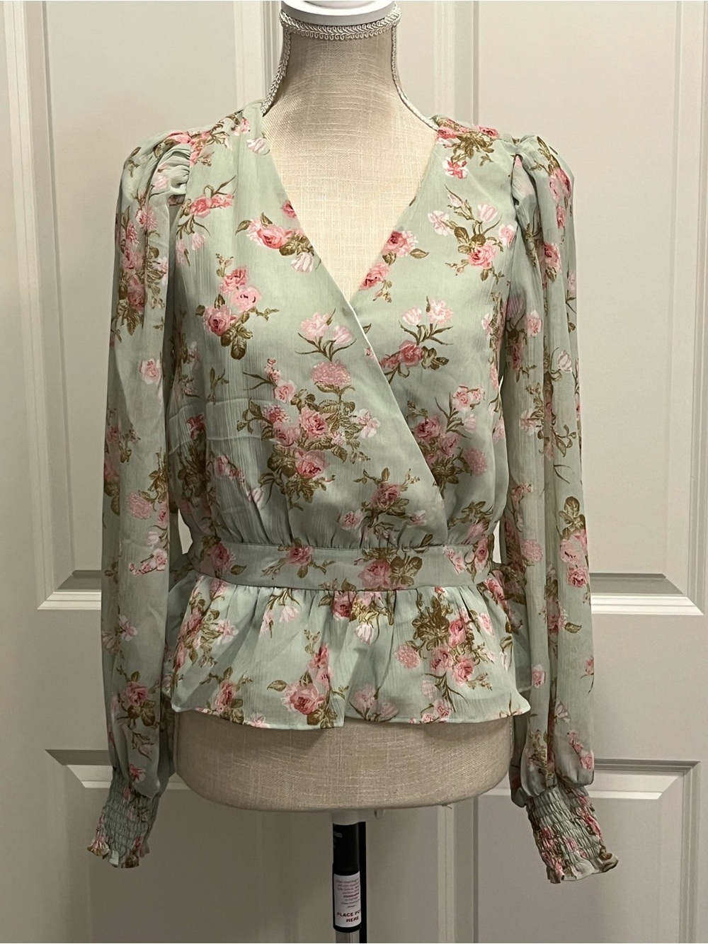 Express Women’s Small Sage Green Floral Wrap Peplum Blouse Feminine Career Work